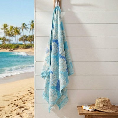 36"x72" Sculpted Shells Oversized Beach Towel with Fringe Blue