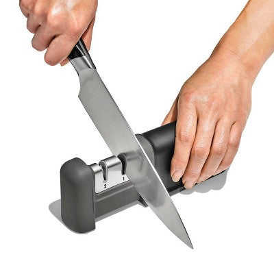 OXO Knife Sharpener: Manual Stainless Steel & Ceramic, Tungsten Carbide, Black, Lifetime Warranty, 5.39" Length