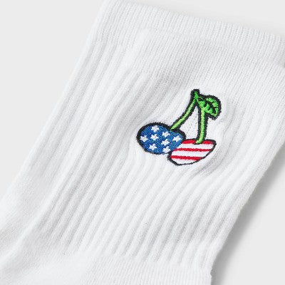 Women's Ribbed Cushioned Embroidered Cherry Short Crew Socks - White/Red/Blue 4-10: Recycled Polyester, Knit