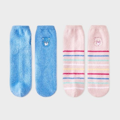 Women's Care Bears Furry Face Box of Cozy Embroidered Crew Socks - Pink/Blue 4-10