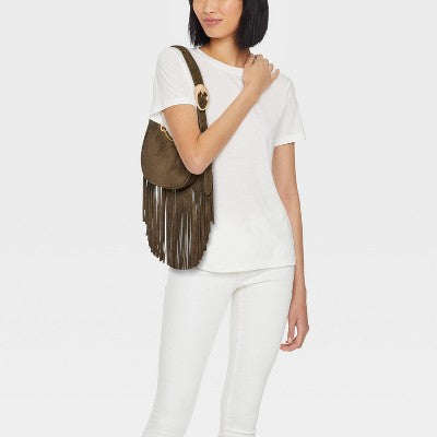 Western Faux Suede Fringe Shoulder Bag Purse - Universal Thread Brown