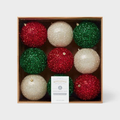9pc Tinsel Ball Christmas Tree Ornament Set Red/Green/White - Wondershop