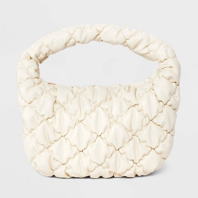Bubble Quilted Clutch Handbag - A New Day Cream: Zip Closure, Single Handle, 11"x7"x3.5"