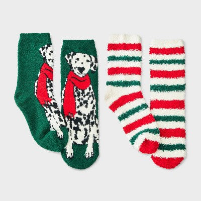 Kids' 2pk Dalmatian & Striped Cozy Crew Socks with Gift Card Holder - Wondershop Dark Green M/L