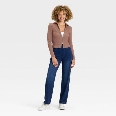 Women's Brushed Ribbed Polo Zip-Up Jacket - A New Day Brown XS