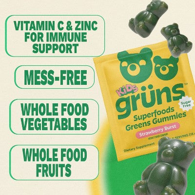 Gruns Kids Sugar Free Superfoods Greens Gummies with Prebiotic Fiber - 240g/12 Servings