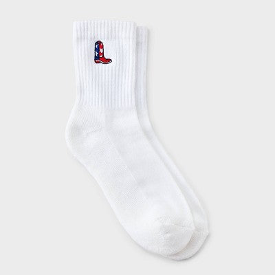 Women's Ribbed Cushioned Embroidered Boot Mid Crew Socks - White 4-10