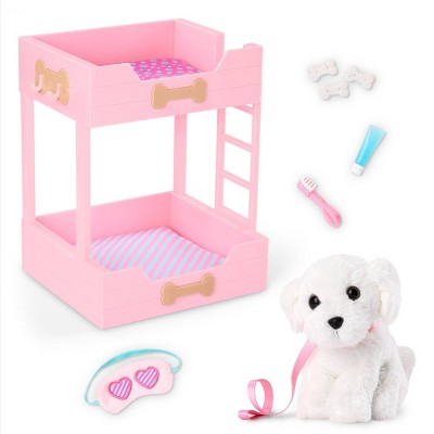 Our Generation Puppy Dreams Pink Bunk Bed with Pet Dog Plush Dollhouse Set: Fits 18" Dolls, Includes 11 Doll Accessories