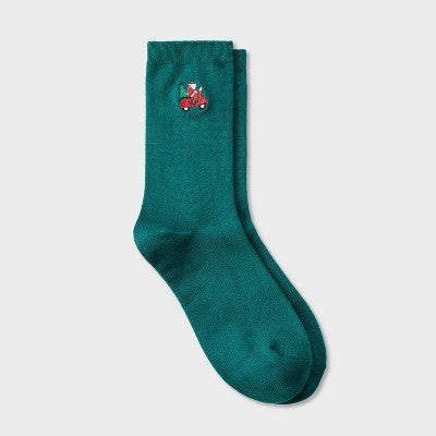 Women's Supersoft Embroidered Holiday Santa Crew Socks - Auden Dark Green 4-10