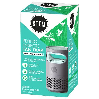 STEM Electric Fan Fruit Fly, Gnat & Fly Trap Starter Kit - 1 Unit + 5 Glue Traps: Non-Toxic, Safe for Kids & Pets, Electric Powered
