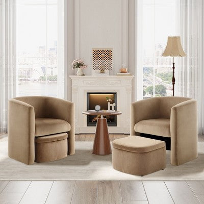 Barrel Armchair with Storage Ottoman – Khaki Fabric Accent Chair, Comfortable Lounge Chair for Living Room or Bedroom (LOCAL PICKUP ONLY)