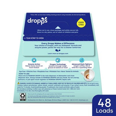 Dropps Dish UltraWash Biobased Detergent Pods - Lemon Citrus - 48ct