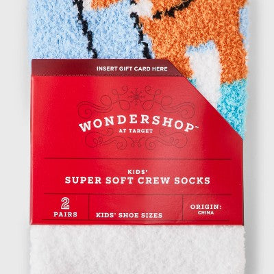 Kids' 2pk Fox Cozy Christmas Crew Socks with Gift Card Holder - Wondershop Light Blue XS/S
