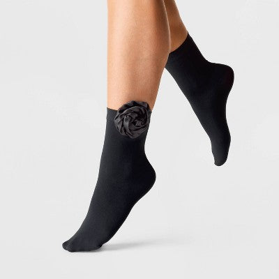 Women's Rose Applique Opaque Anklet Socks - A New Day Black 4-10: Nylon Spandex Knit, Banded Cuff, Floral Pattern