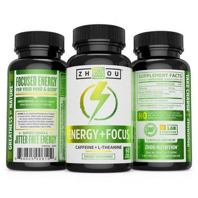 Zhou Energy + Focus Dietary Vegan Supplements - 60ct