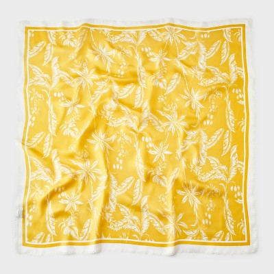 Tropical Palm Printed Scarf with Border & Scallop Edge - A New Day Yellow