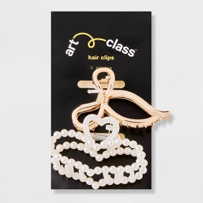 Girls' 2pk Heart and Bow Claw Clip Set - art class