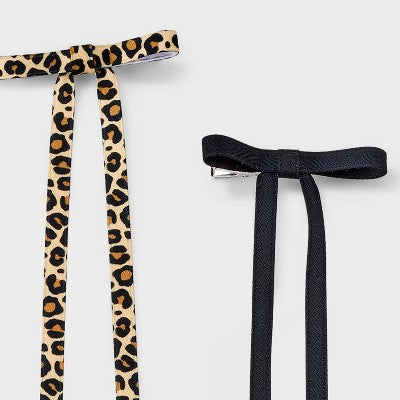 Girls' 4pk Long Tail Leopard Printed Satin Bow Claw Clip Set - art class Black/Brown