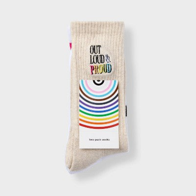 Pride Adult Out Loud & Proud and Rainbow Crew Socks 2pk - Oatmeal Striped M/L