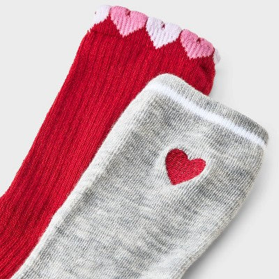 Girls' 2pk Embroidered Heart Crew Socks - art class Heather Gray/Red S