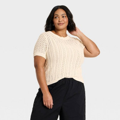 Women's Short Sleeve Crochet Sweater Top - A New Day Cream 1X