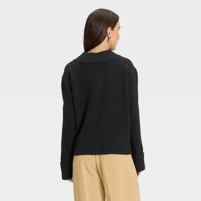 Women's V-Neck Cozy Knit Boxy Pullover Sweater -A New Day Black S