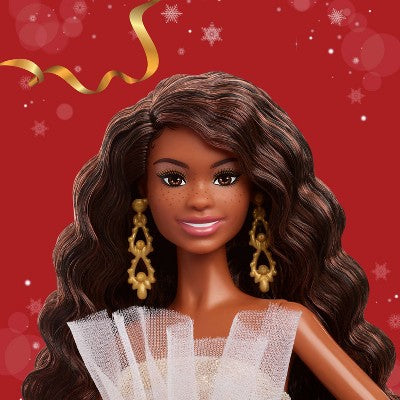 Barbie Signature 2025 Holiday Barbie Fashion Doll, Black Hair Silver & Gold Gown