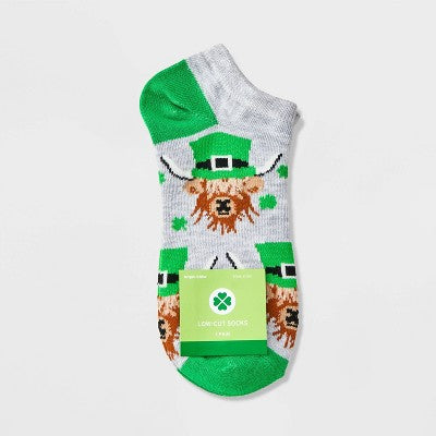 Women's Lucky Highland Cow St. Patrick's Day Low Cut Socks - Heather Gray/Green 4-10