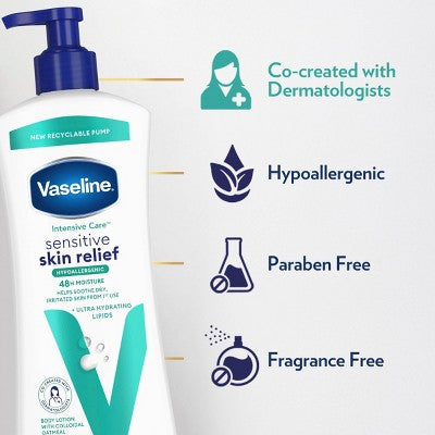 Vaseline Intensive Care 48-Hour Moisture Hypoallergenic Sensitive Skin Relief Pump Body Lotion Unscented - 20.3 fl oz