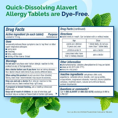 Alavert Non-Drowsy Allergy Relief Orally Disintegrating Tablets, Fresh Mint Flavor for Sneezing, Runny Nose & Itchy Eyes, Fast-Acting Formula, 60 Ct