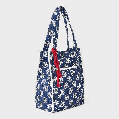 Floral Print Quilted Tote Bag with Tassel - Universal Thread Navy Blue