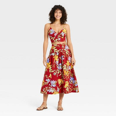 Women's Resort Poplin Drop Waist Midi Skirt - Dark Red Floral L