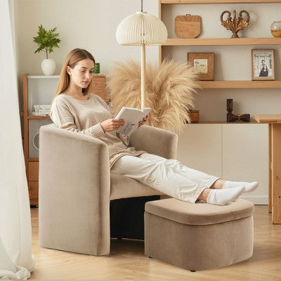 Barrel Armchair with Storage Ottoman – Khaki Fabric Accent Chair, Comfortable Lounge Chair for Living Room or Bedroom (LOCAL PICKUP ONLY)
