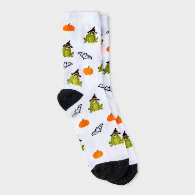 Women's Frog Witch Halloween Crew Socks - Hyde and EEK! Boutique White/Green/Black 4 - 10