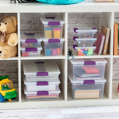 Sterilite 1.9qt Purple Latch Box Clear: Plastic Storage Bin with Lid, Portable, Stackable, Built-In Handles, Universal Use