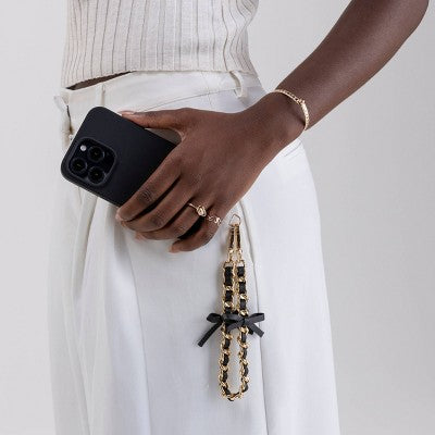 Hello Lux Phone Wristlet - Golden Chain with Black Faux Leather Bows