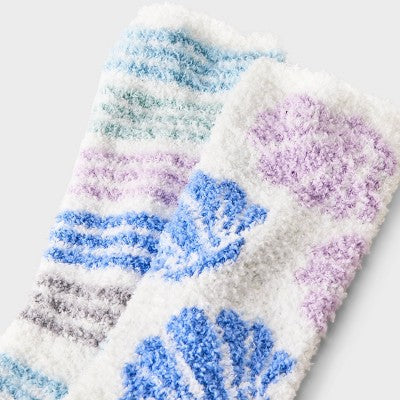 Women's Seashells 2pk Cozy Crew Socks - Blue/Purple/Ivory 4-10