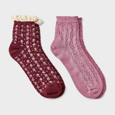 Women's Floral Lace and Pointelle 2pk Ankle Socks - Auden Berry/Pink 4-10