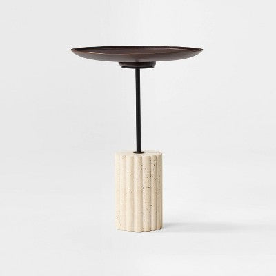 Round Side Table with Brown Top and Travertine Base - Threshold designed with Studio McGee (LOCAL PICKUP ONLY)