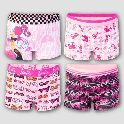 Girls' Barbie 4pk Underwear - 10: Classic Patterns, Knit Boy Shorts, Lightweight Fabric