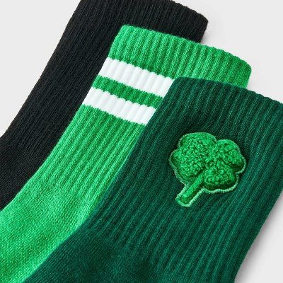 Women's Boucle Shamrock Ribbed St. Patrick's Day 3pk Mid Crew Socks - Green/Black 4-10