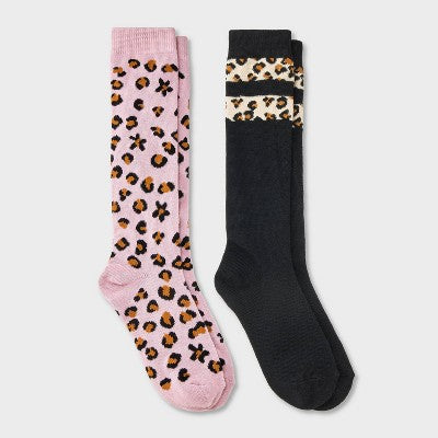 Girls' 2pk Leopard Knee Socks - Cat & Jack Mauve M