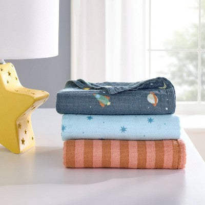 Muslin Swaddle Baby Blanket - Space - 3pk - Cloud Island: 47" x 47" Soft Cotton, Logo Pattern, 180 Thread Count