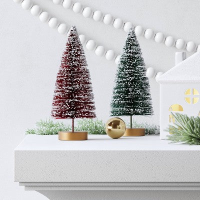 2pc 6" Sisal Bottle Brush Tree Christmas Figurine Set - Wondershop: Wood Base, Indoor Tabletop Decor, No Battery Required