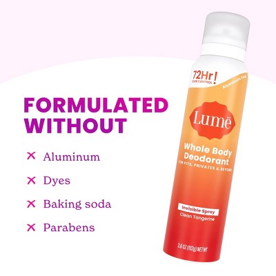 Lume Whole Body Women's Invisible Spray Deodorant - Clean Tangerine Scent - Aluminum-Free 3.6oz