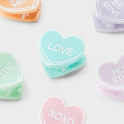 Valentine's Day Heart Message Mini Hair Claw Clip Set 6pc - Pink/Green/Lavender