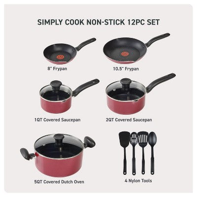 T-Fal 12pc Simply Cook Nonstick Cookware Set Red: Aluminum, Ergonomic Handles, Tempered Glass Lids, Oven-Safe to 350F (LOCAL PICKUP ONLY)