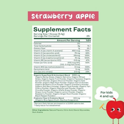 BLOOM NUTRITION Kids' - Greens and Superfoods Powder - Strawberry Apple - 25ct