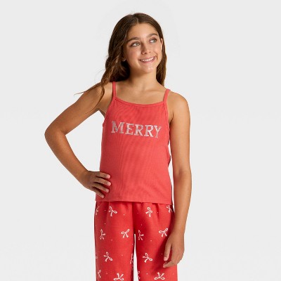 Girls' 2pc Merry Bows Christmas Tank Top Pants Pajama Set - Red S