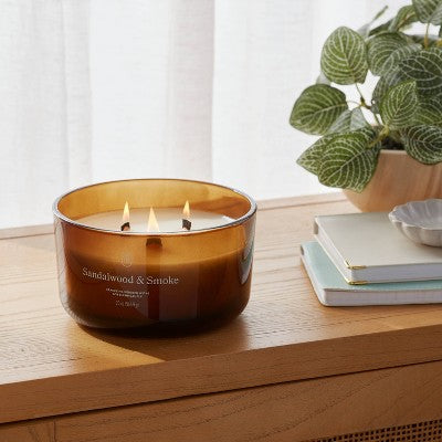 3-Wick Amber Glass Wooden Wick Sandalwood and Smoke Jar Candle 20oz - Threshold